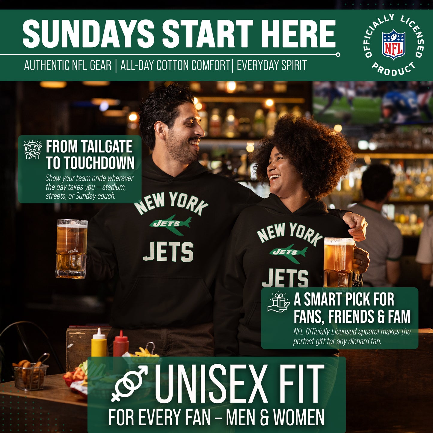 New York Jets NFL Adult Unisex Retro Gameday Ultra Soft Fleece Hooded Sweatshirt - Black