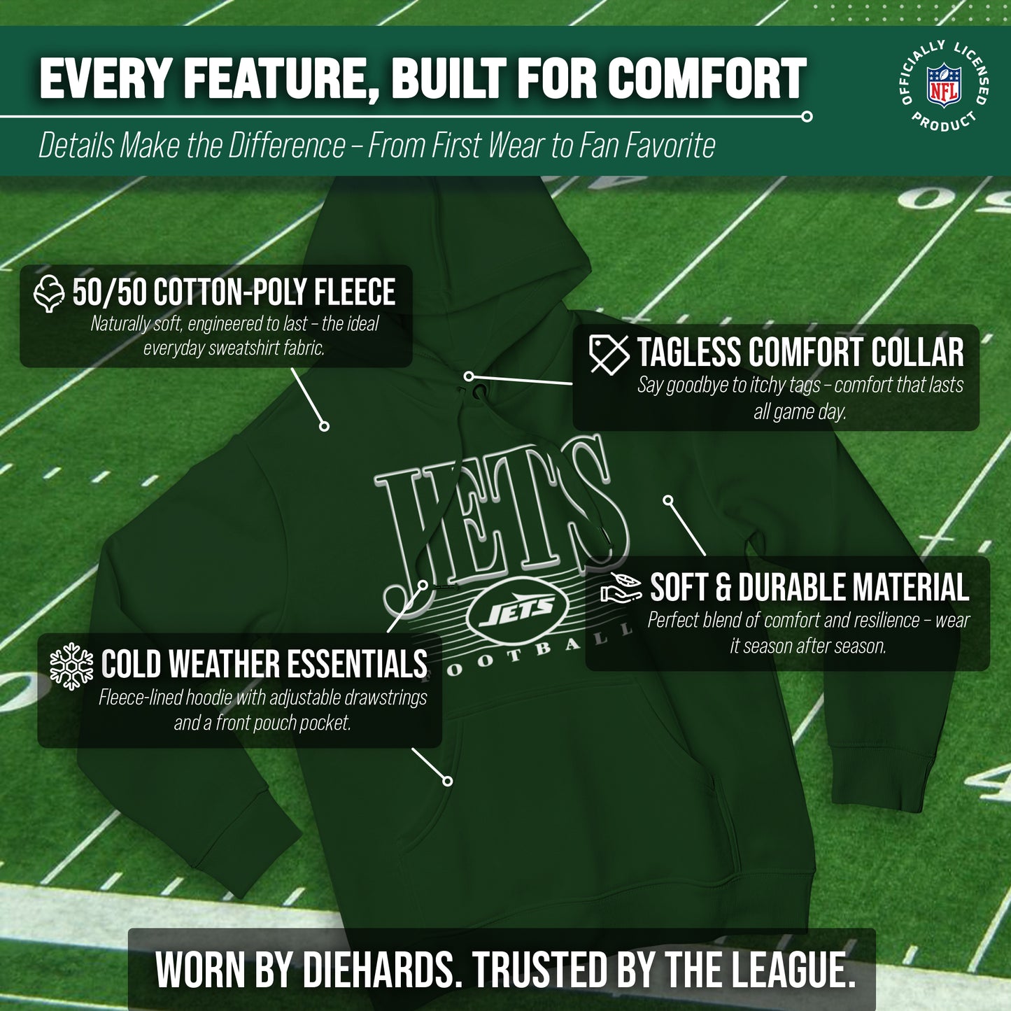 New York Jets NFL Adult Unisex Overtime Blueprint Soft Fleece Hooded Sweatshirt - Black