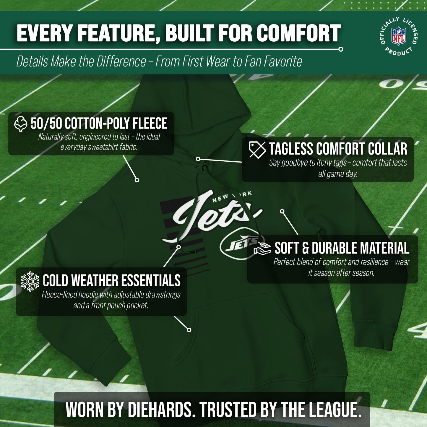 New York Jets NFL Adult Unisex Retro Script Ultra Soft Fleece Hooded Sweatshirt - Forest Green