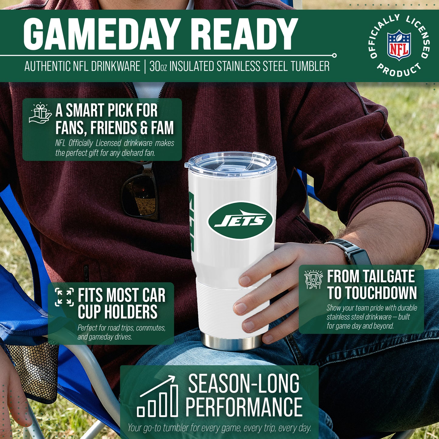 New York Jets NFL 30oz Gameday Stainless Steel Tumbler - White