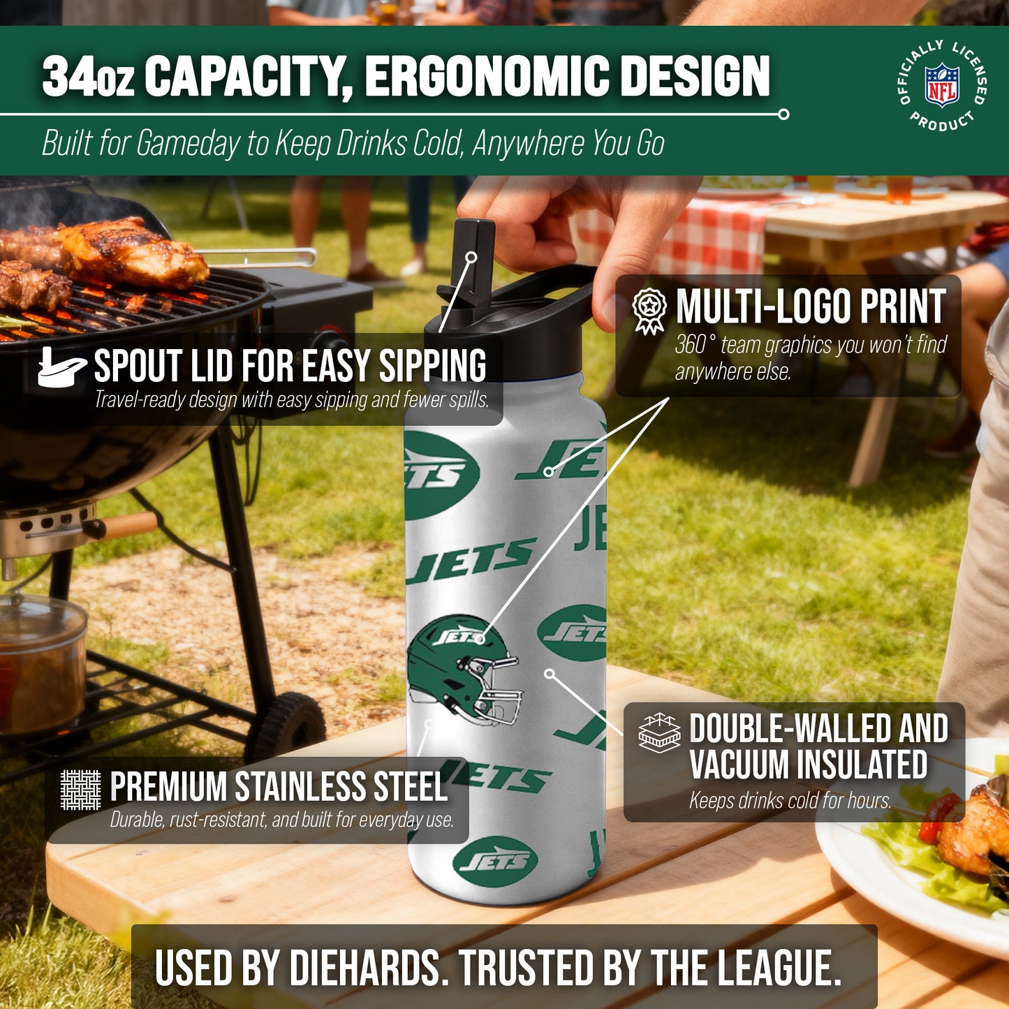 New York Jets NFL 34oz Quencher Stainless Steel Insulated Water Bottle - White