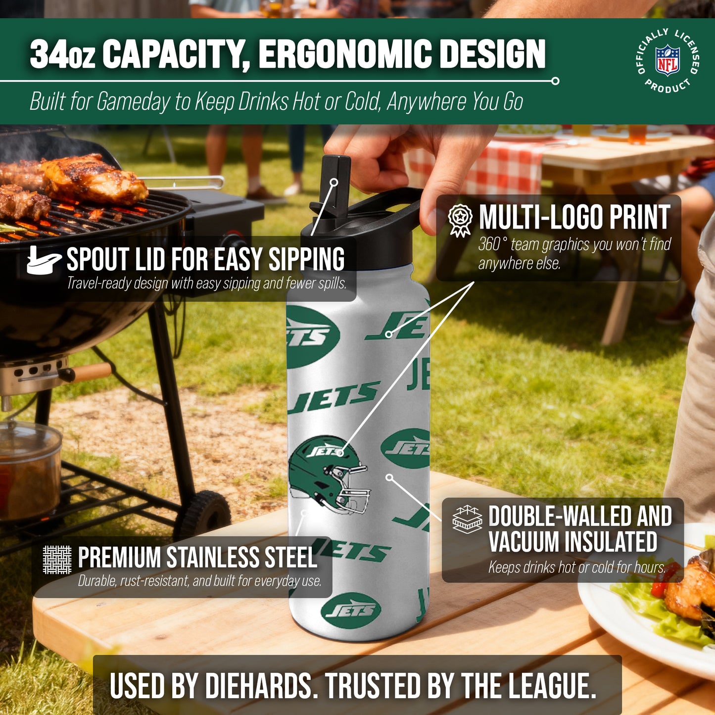 New York Jets NFL 34Oz Native Quencher Water Bottle - White