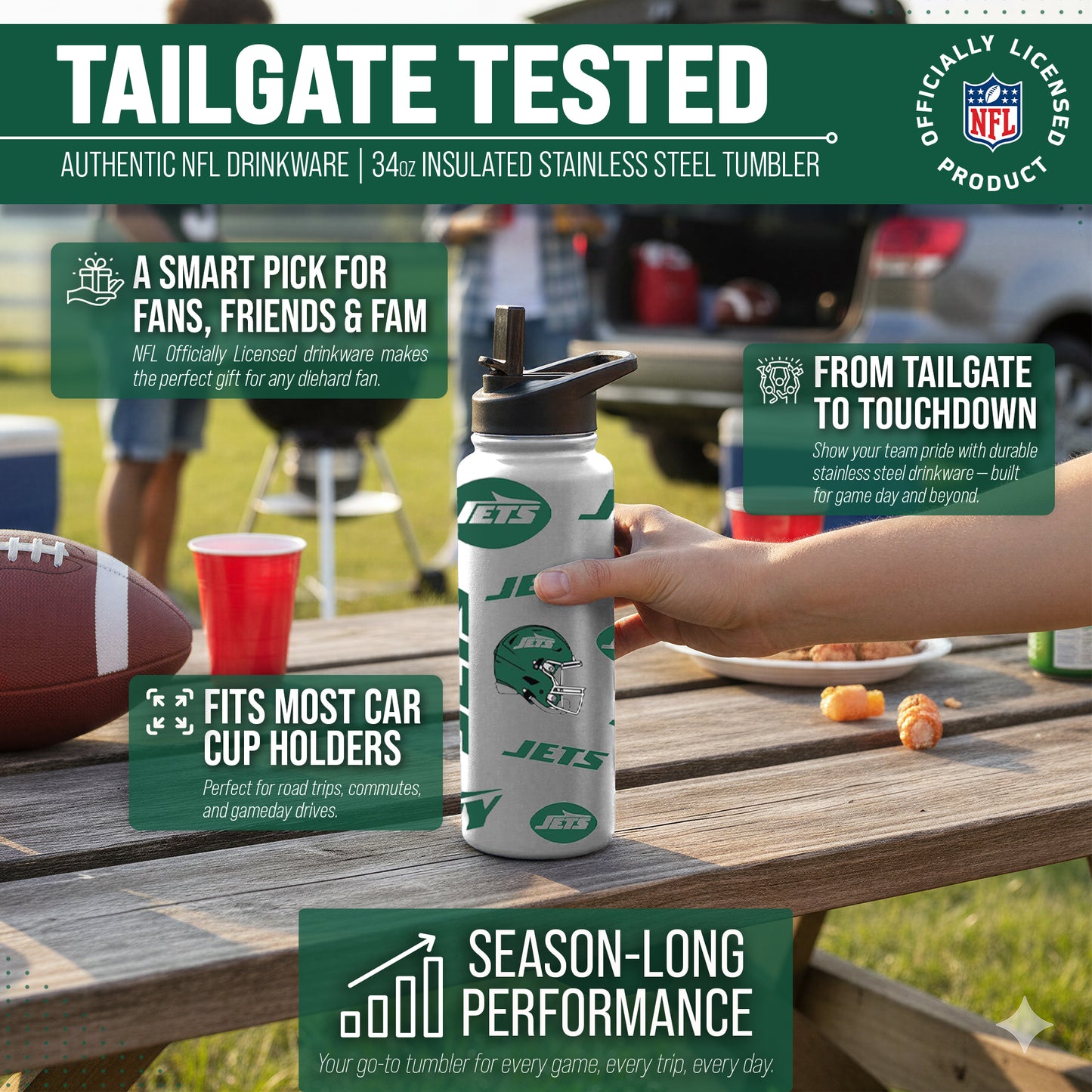 New York Jets NFL 34Oz Native Quencher Water Bottle - White