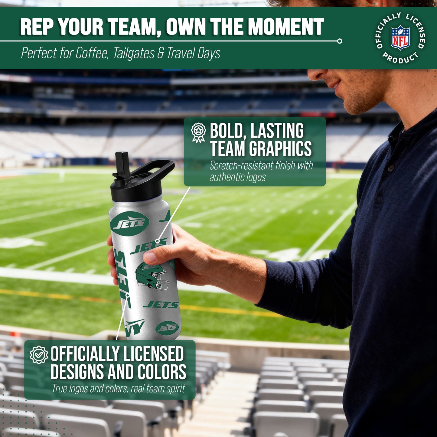 New York Jets NFL 34Oz Native Quencher Water Bottle - White