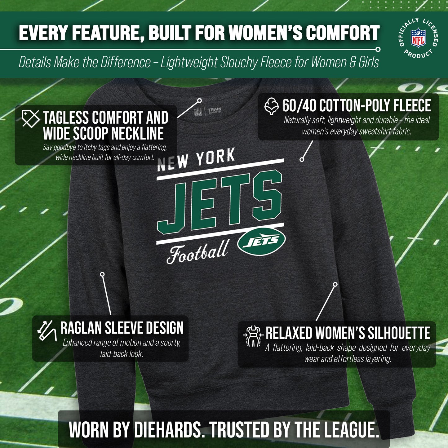 New York Jets NFL Womens Crew Neck Light Weight - Charcoal