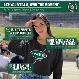 New York Jets Women's NFL Ultimate Fan Logo Slouchy Crewneck -Tagless Fleece Lightweight Pullover - Charcoal