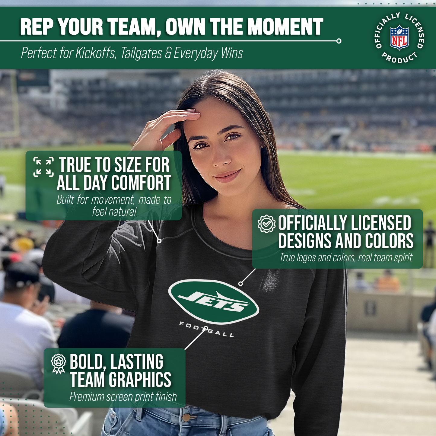 New York Jets Women's NFL Ultimate Fan Logo Slouchy Crewneck -Tagless Fleece Lightweight Pullover - Charcoal