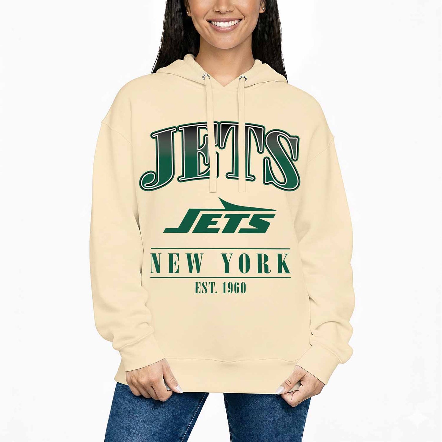 New York Jets Ladies NFL Starstruck Fleece Pullover Hooded Sweatshirt - Cream