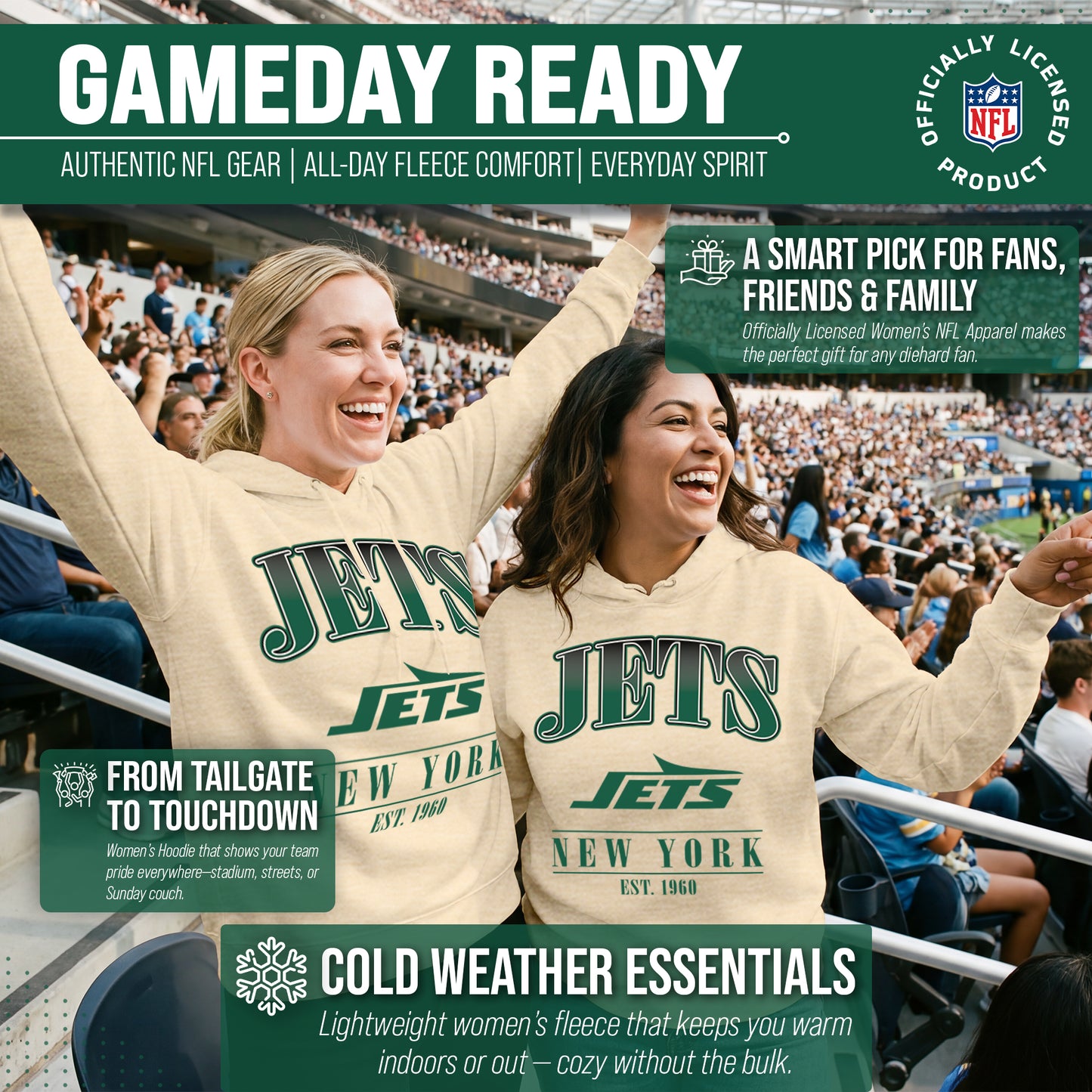 New York Jets Ladies NFL Starstruck Fleece Pullover Hooded Sweatshirt - Cream