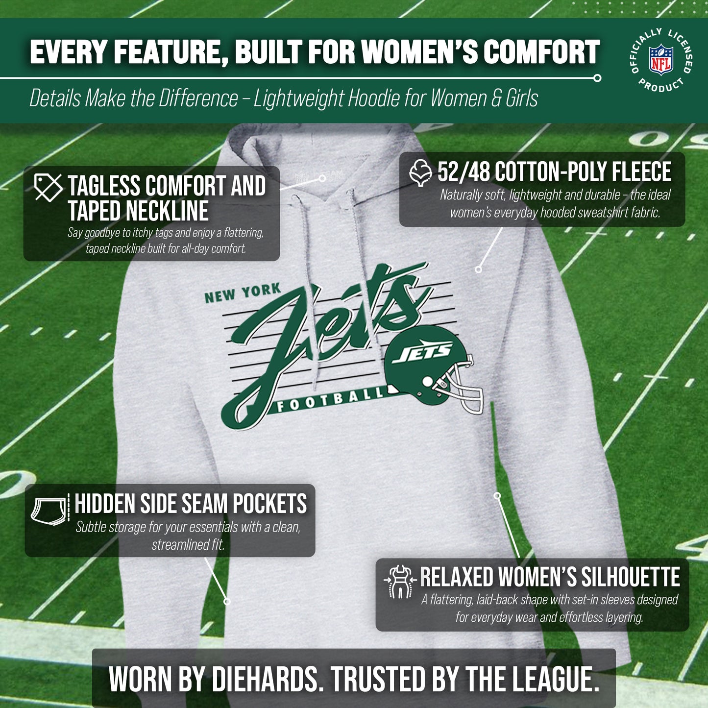 New York Jets Ladies NFL Scrimmage Line Fleece Pullover Hooded Sweatshirt - Gray Heather