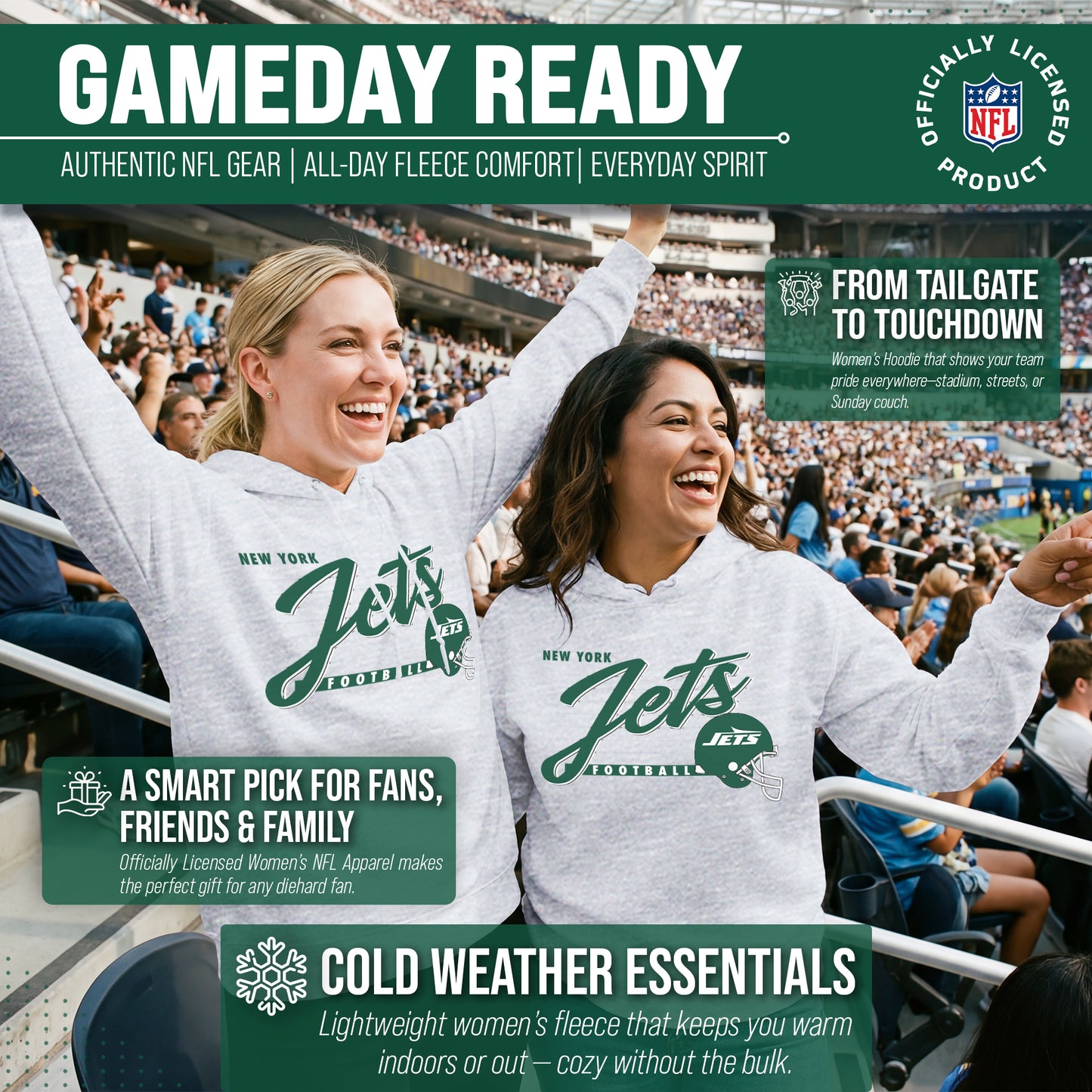New York Jets Ladies NFL Scrimmage Line Fleece Pullover Hooded Sweatshirt - Gray Heather
