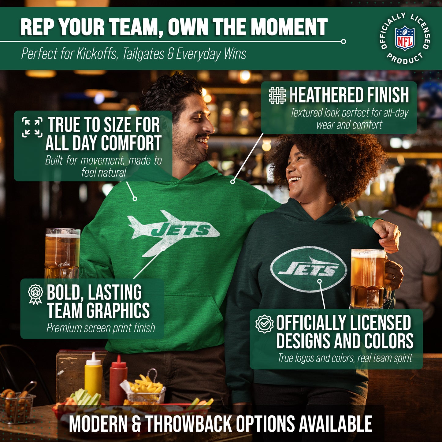 New York Jets NFL Adult Unisex Modern Throwback Ultra Soft Fleece Hooded Sweatshirt - Green