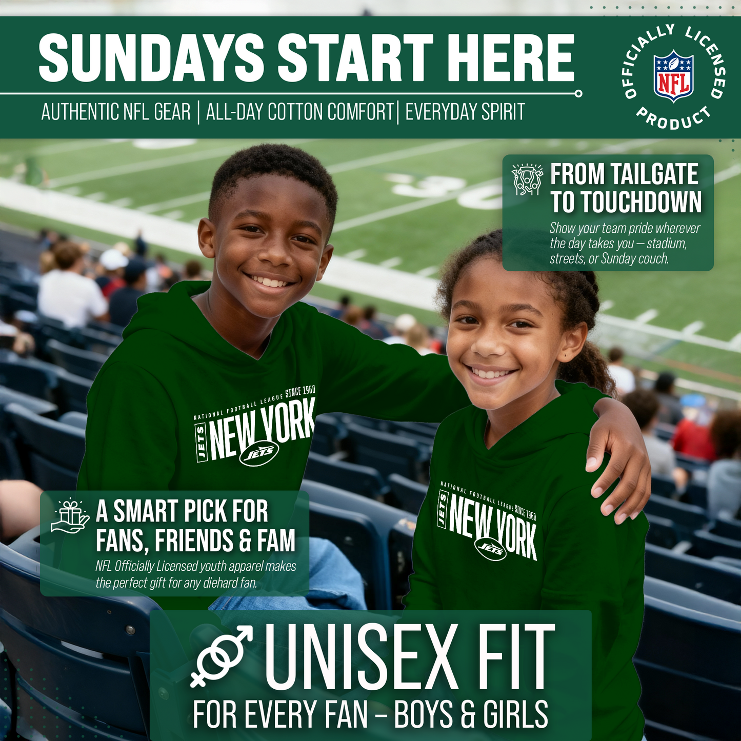 New York Jets NFL Youth Modern Endzone Football Fleece Hooded Sweatshirt - Forest Green