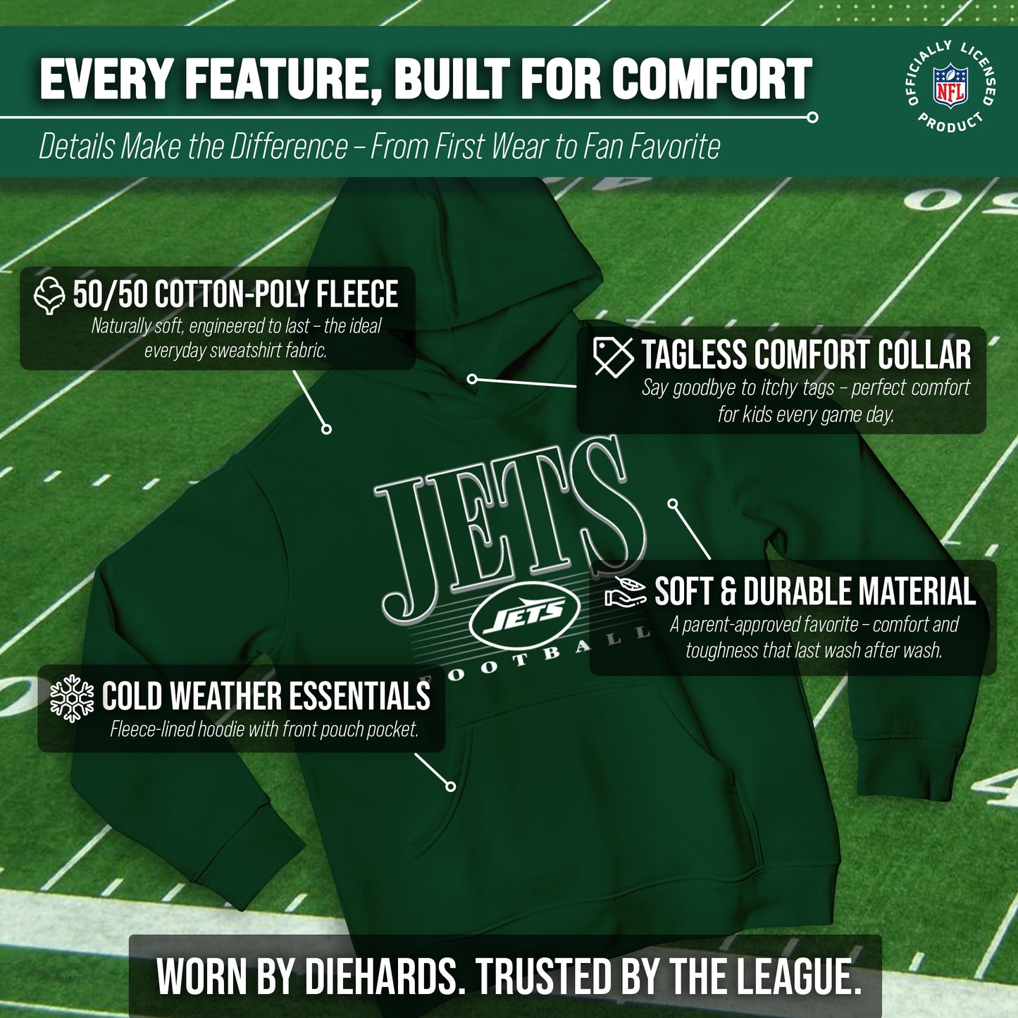 New York Jets NFL Youth Overtime Blueprint Football Fleece Hooded Sweatshirt - Forest Green