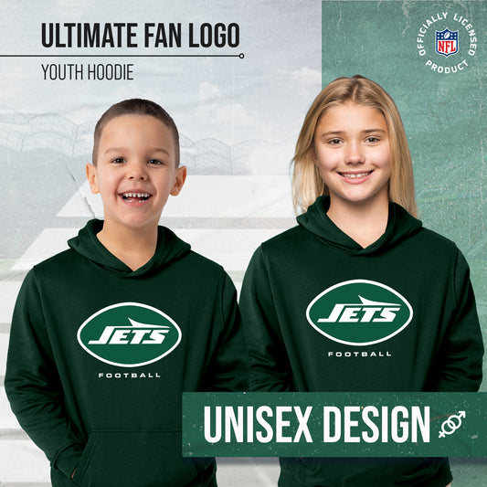 New York Jets Youth NFL Ultimate Fan Logo Fleece Hooded Sweatshirt -Tagless Football Pullover For Kids - Forest Green