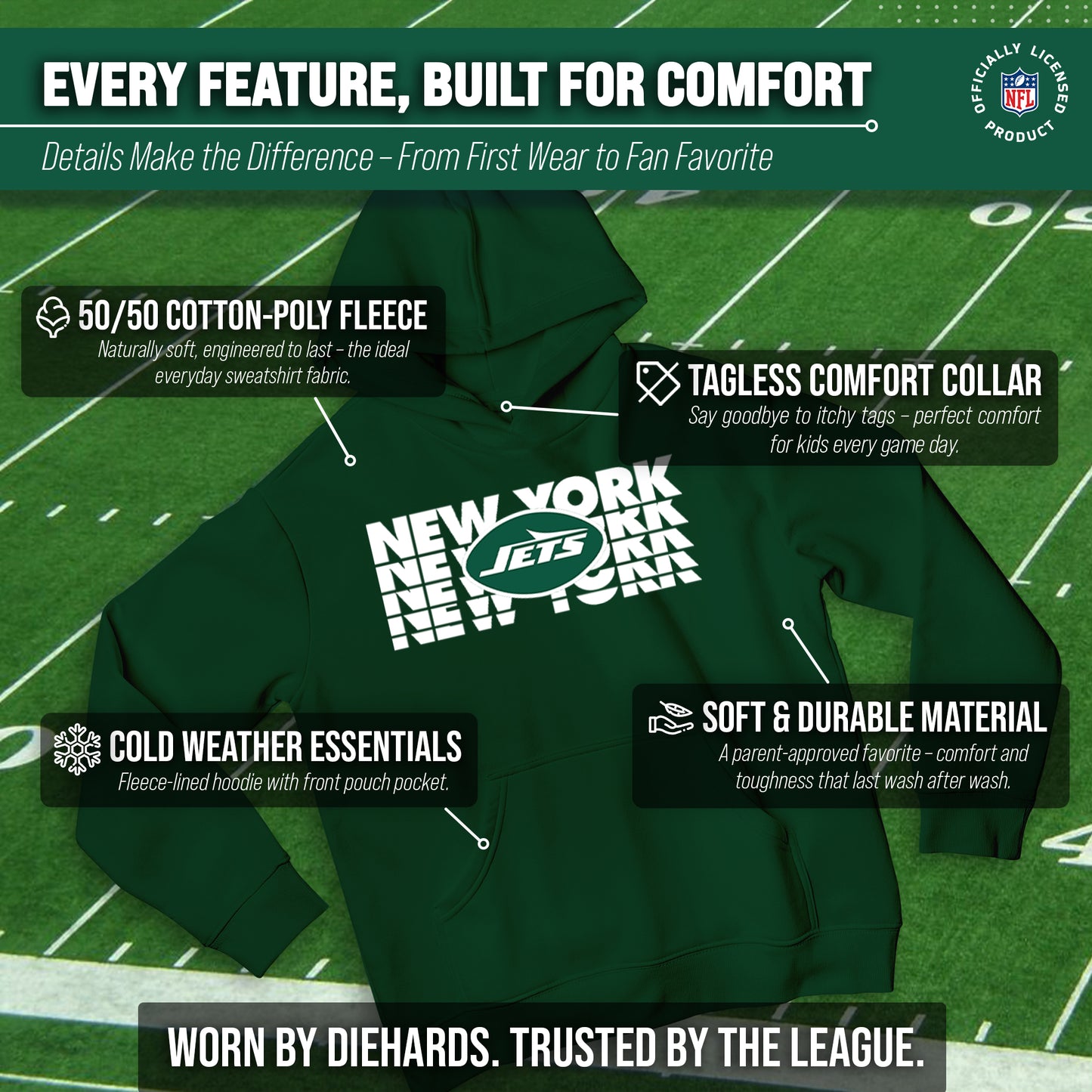 New York Jets NFL Youth Repeating Logo Football Fleece Hooded Sweatshirt - Forest Green