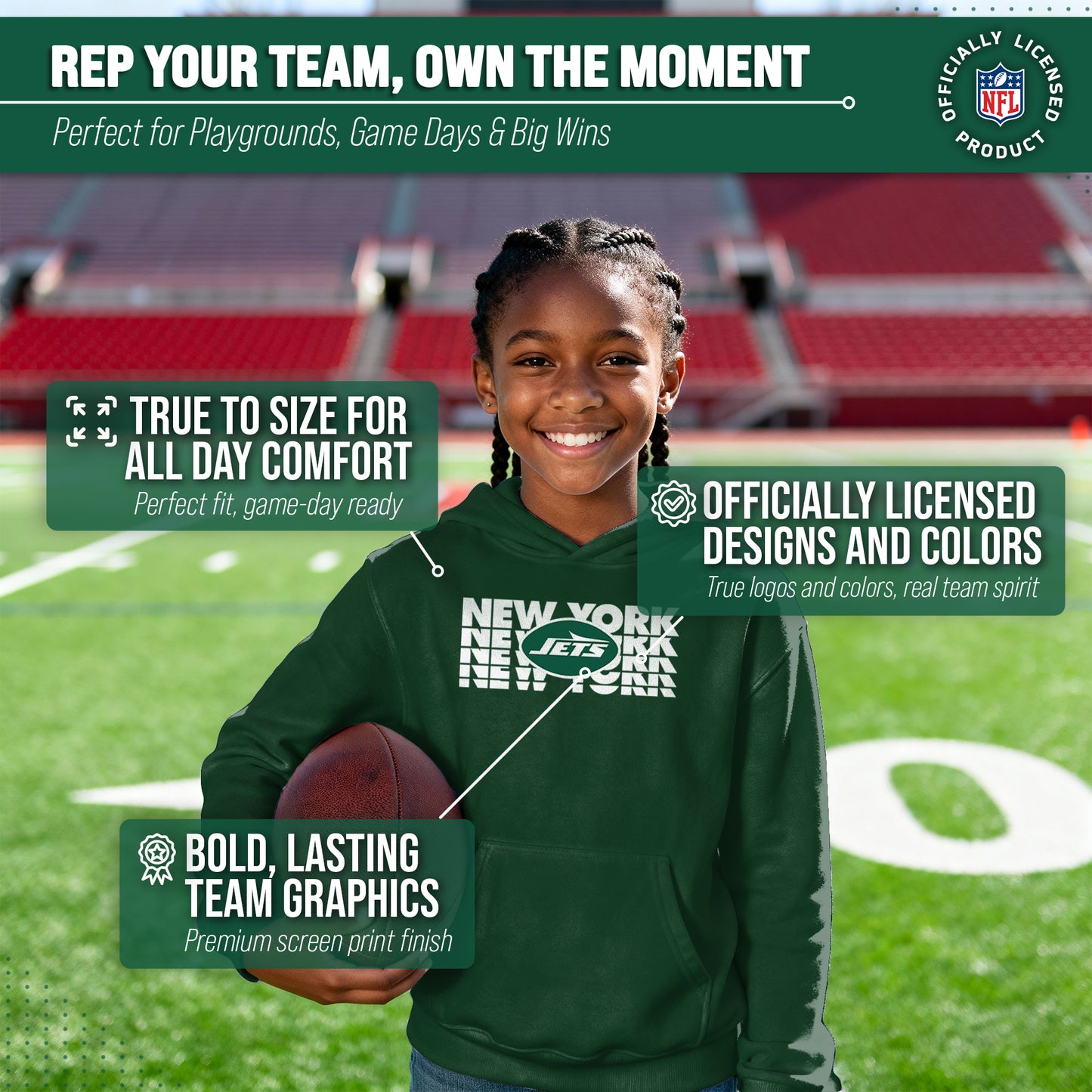 New York Jets NFL Youth Repeating Logo Football Fleece Hooded Sweatshirt - Forest Green