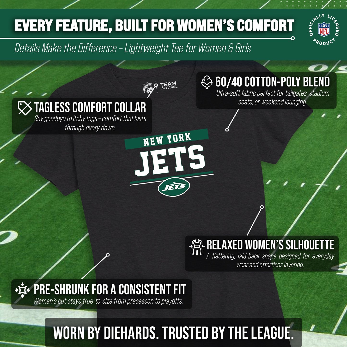 New York Jets NFL Women's Team Block Charcoal Tagless T-Shirt - Charcoal