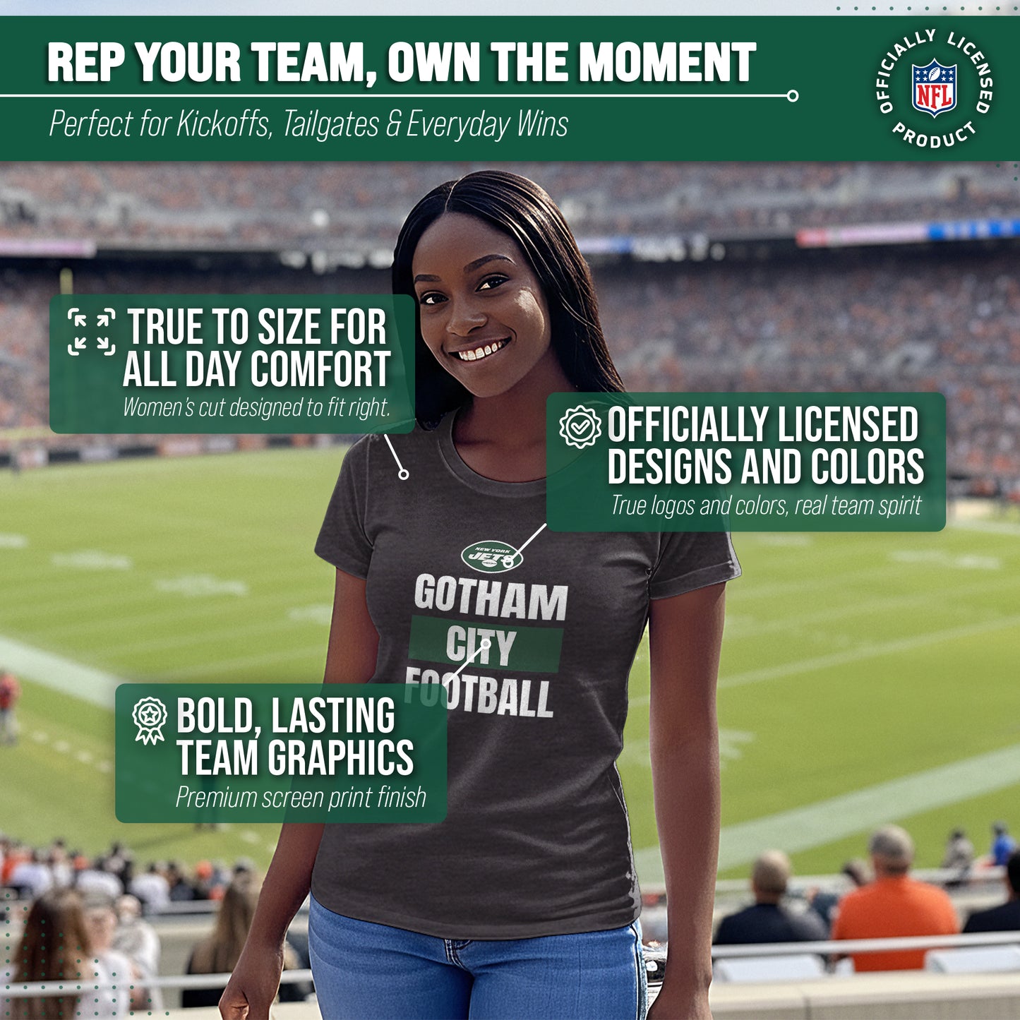 New York Jets NFL Womens Team Slogan Short Sleeve Tshirt - Charcoal