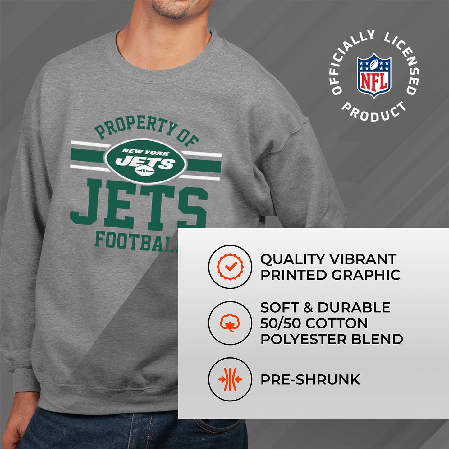 New York Jets NFL Adult Property Of Crewneck Fleece Sweatshirt - Sport Gray