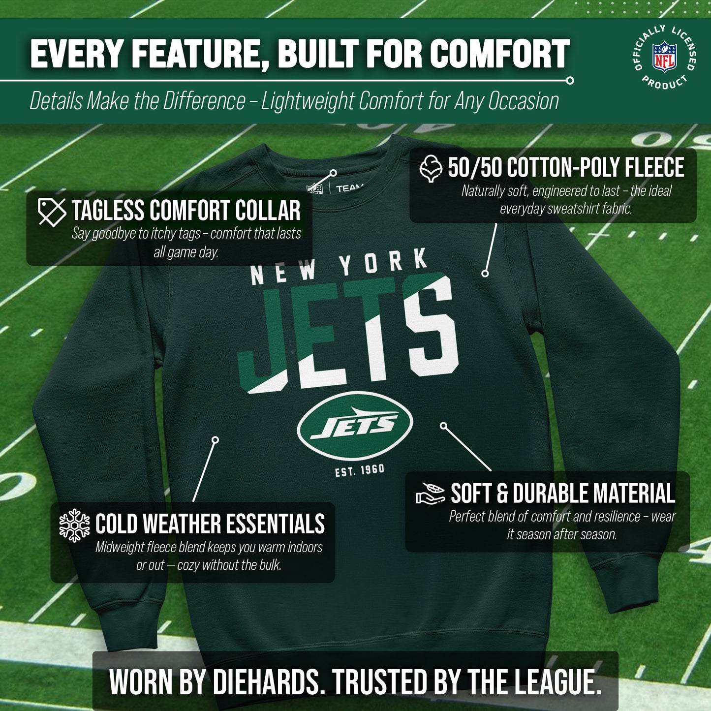 New York Jets Adult NFL Diagonal Fade Color Block Crewneck Sweatshirt - Forest Green