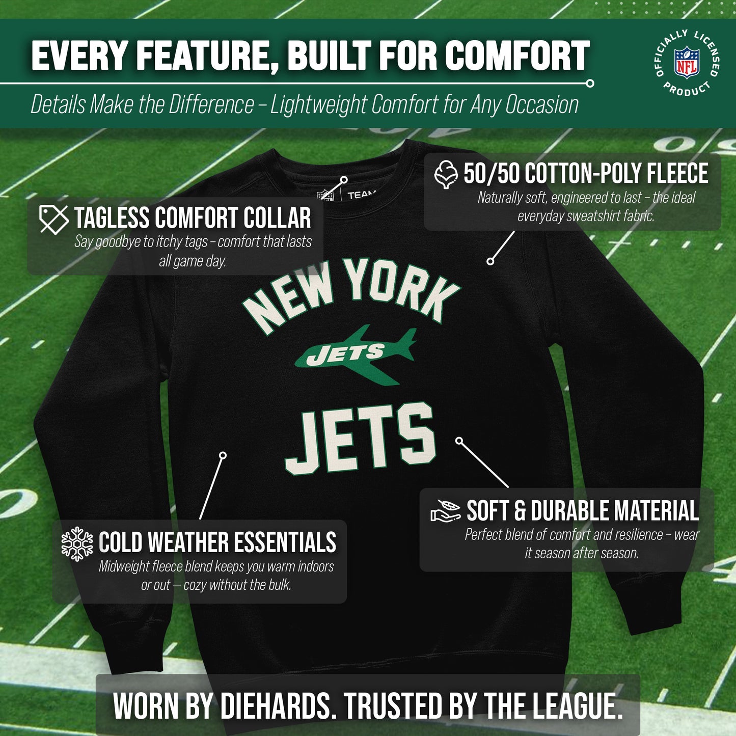 New York Jets NFL Adult Unisex Retro Gameday Ultra Soft Fleece Crewneck Sweatshirt - Black