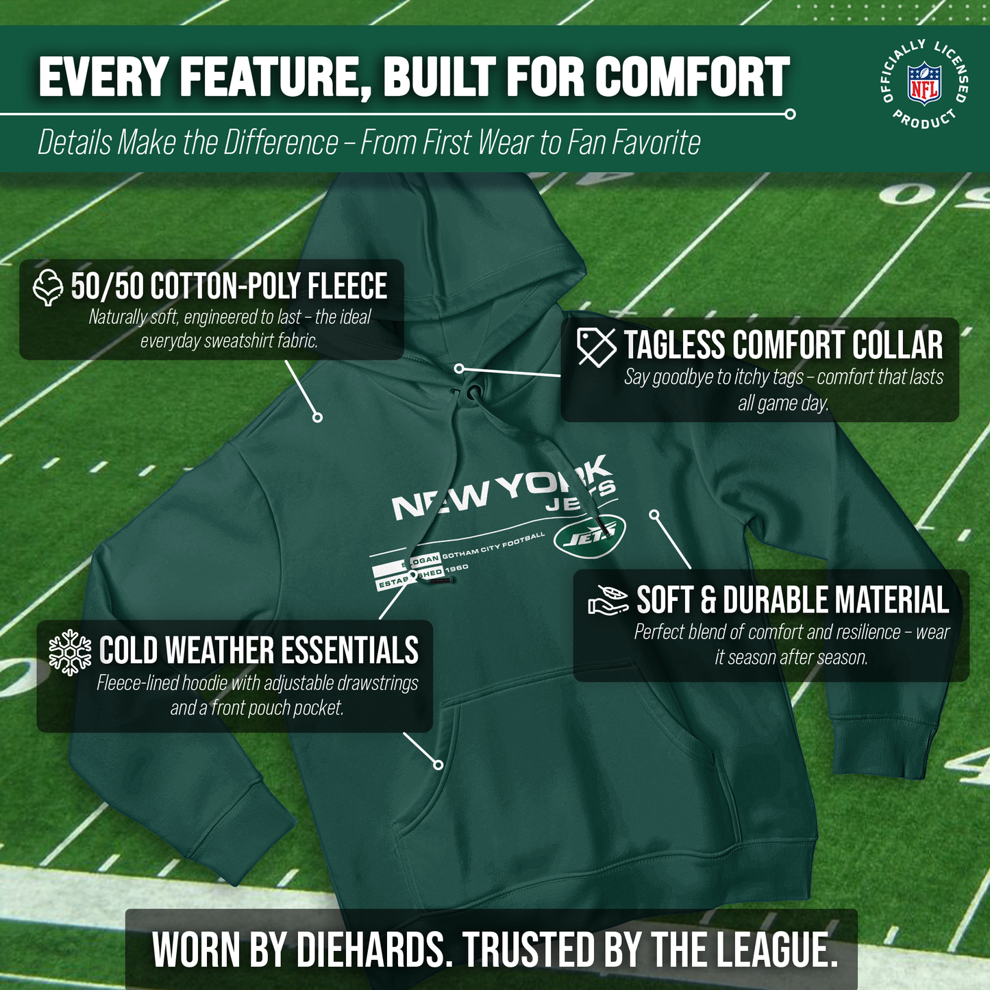 New York Jets Adult NFL Speed Stat Sheet Fleece Hooded Sweatshirt - Forest Green