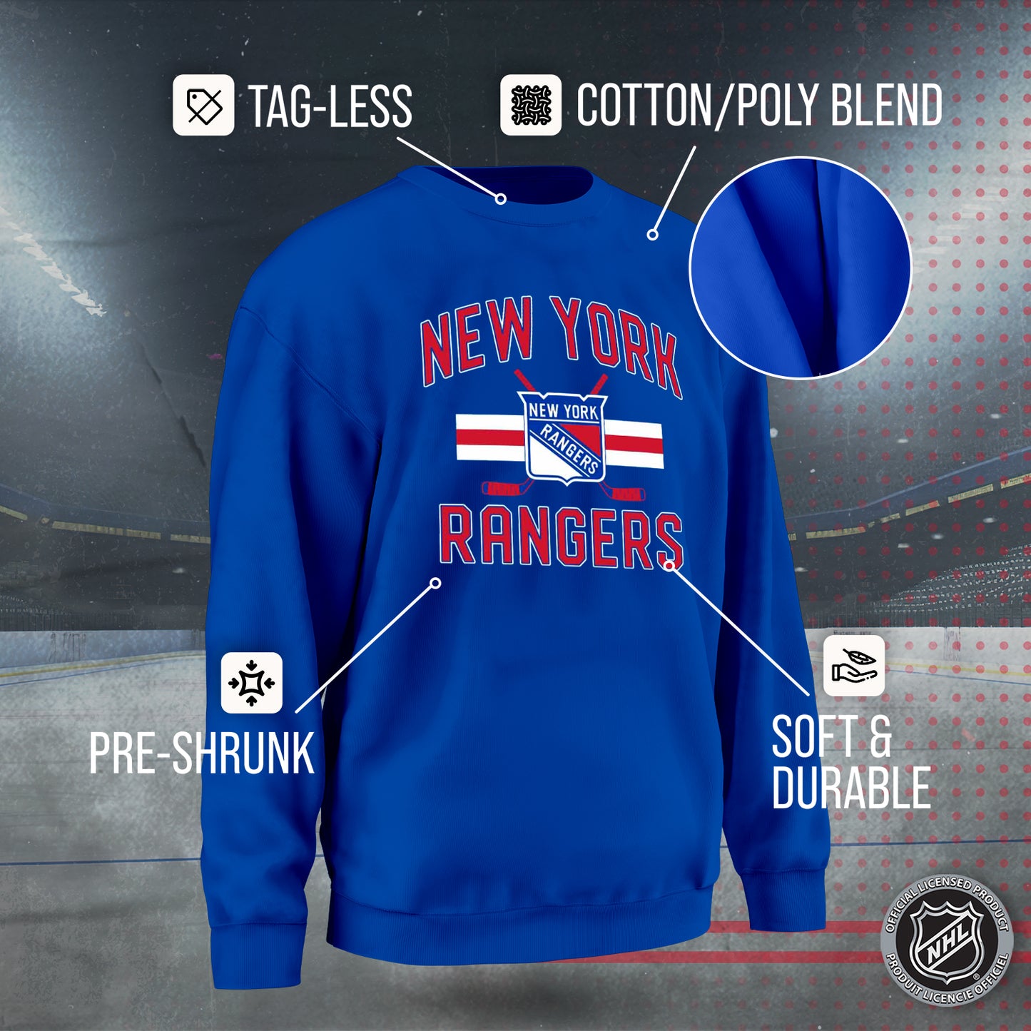 New York Rangers Adult NHL Faceoff Hockey Fleece Crewneck Sweatshirt - Royal