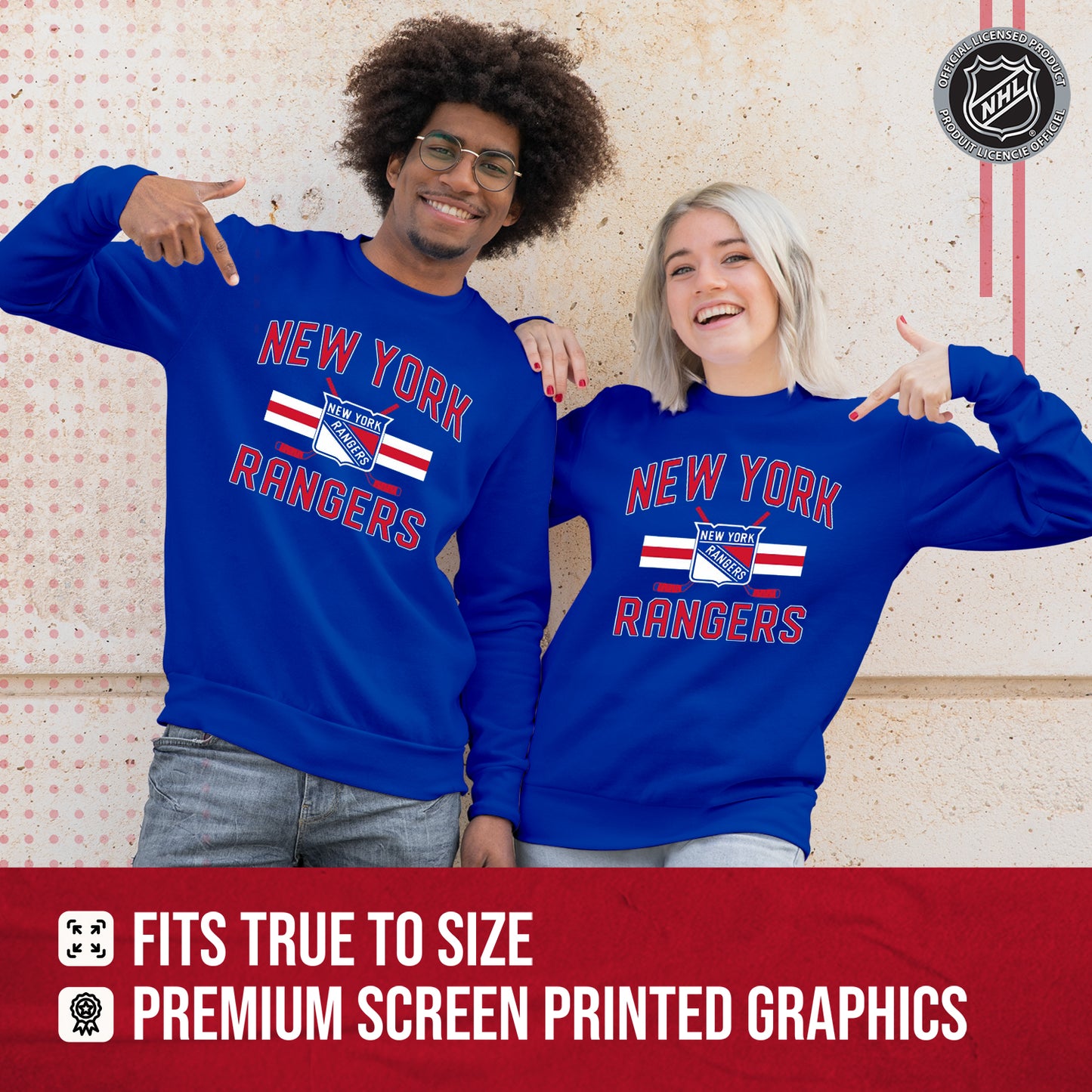 New York Rangers Adult NHL Faceoff Hockey Fleece Crewneck Sweatshirt - Royal