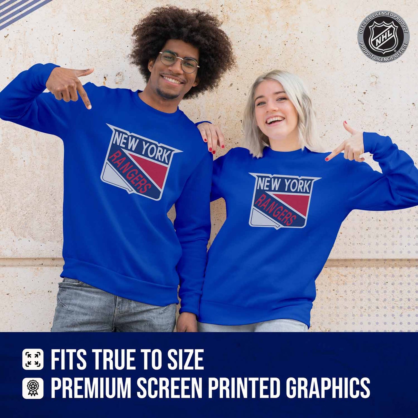 New York Rangers Adult NHL Retro Logo Hockey Fleece Crewneck Sweatshirt - Royal Heather