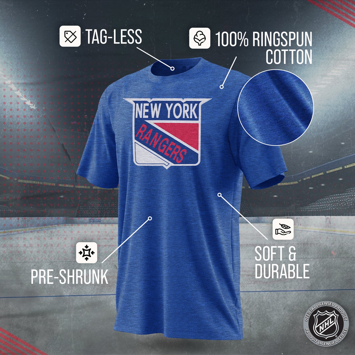 New York Rangers NHL Adult Retro Logo Tag-Less T-Shirt - Royal Heather