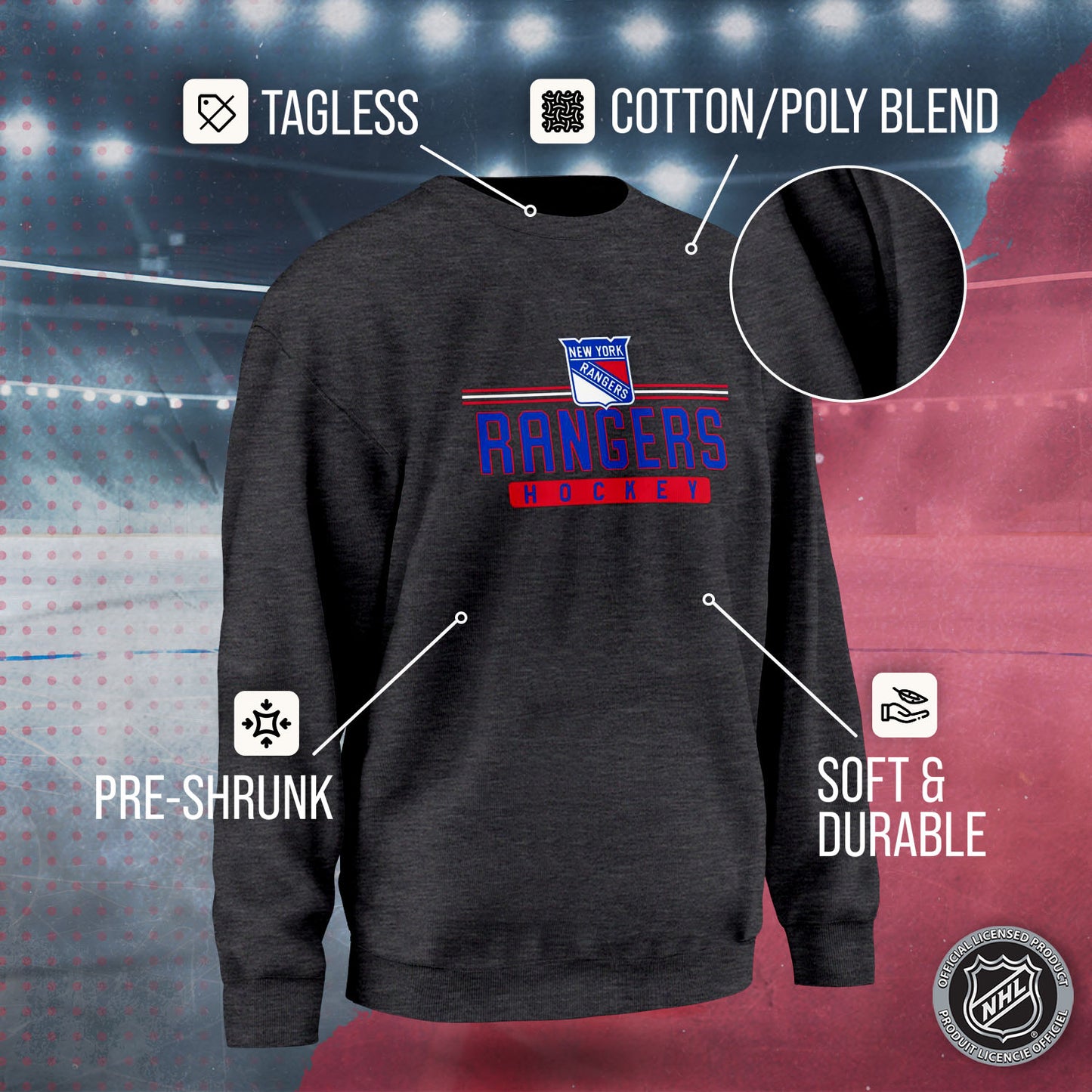 New York Rangers NHL Charcoal True Fan Crewneck Sweatshirt - Charcoal