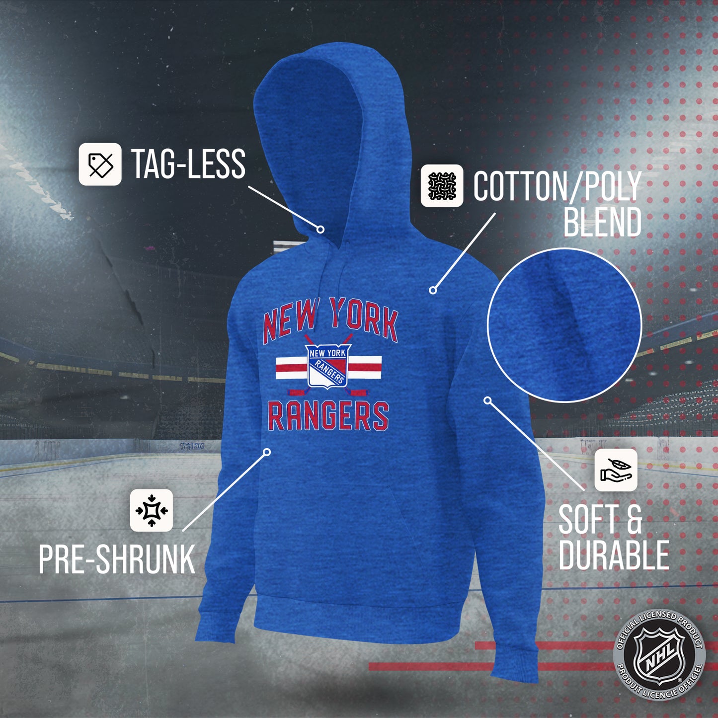 New York Rangers Adult NHL Faceoff Hockey Fleece Hooded Sweatshirt- Jersey Stripe - Royal