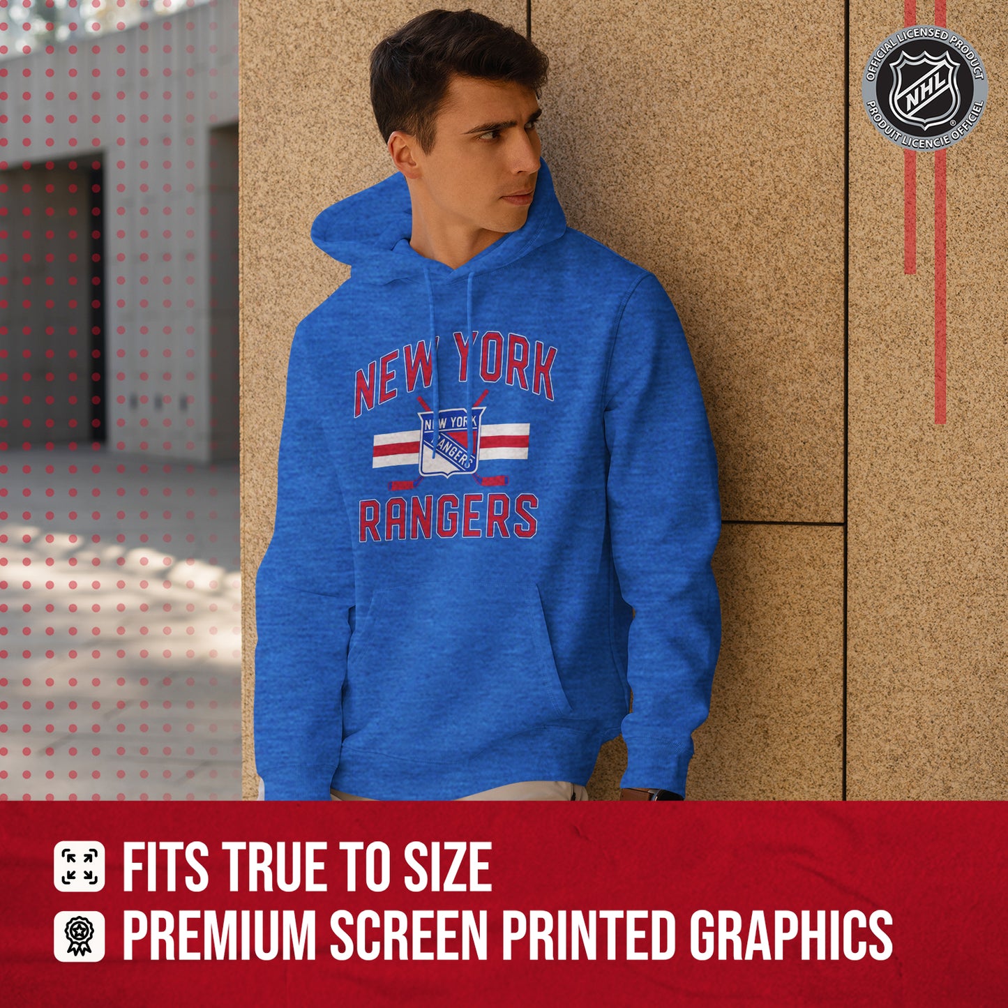 New York Rangers Adult NHL Faceoff Hockey Fleece Hooded Sweatshirt- Jersey Stripe - Royal