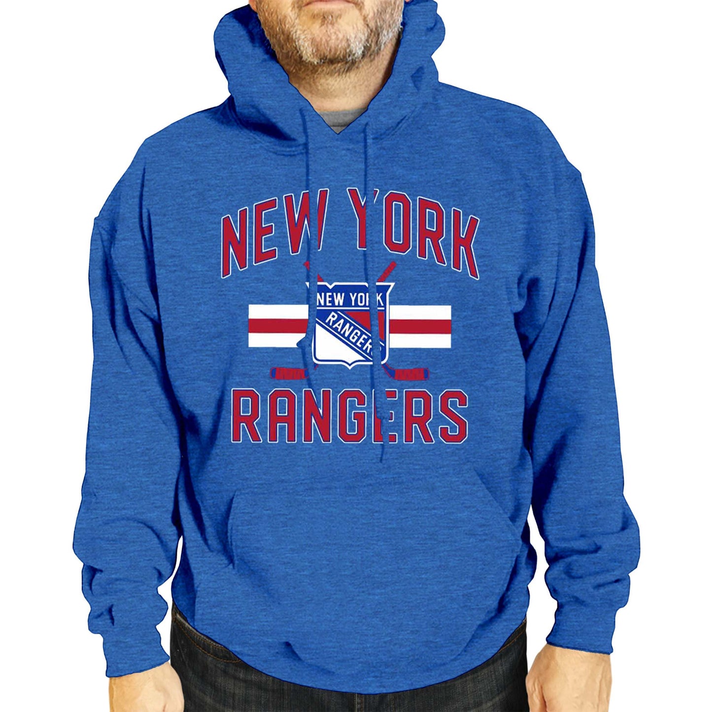 New York Rangers Adult NHL Faceoff Hockey Fleece Hooded Sweatshirt- Jersey Stripe - Royal