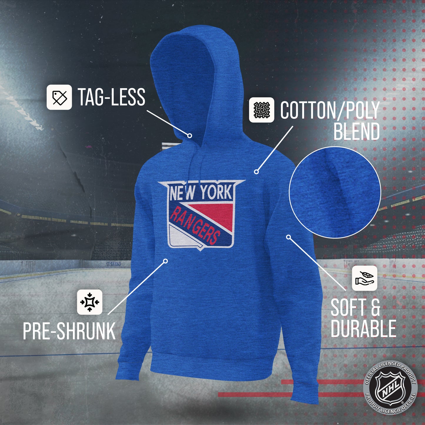 New York Rangers Adult NHL Retro Logo Hockey Fleece Hooded Sweatshirt - Royal Heather