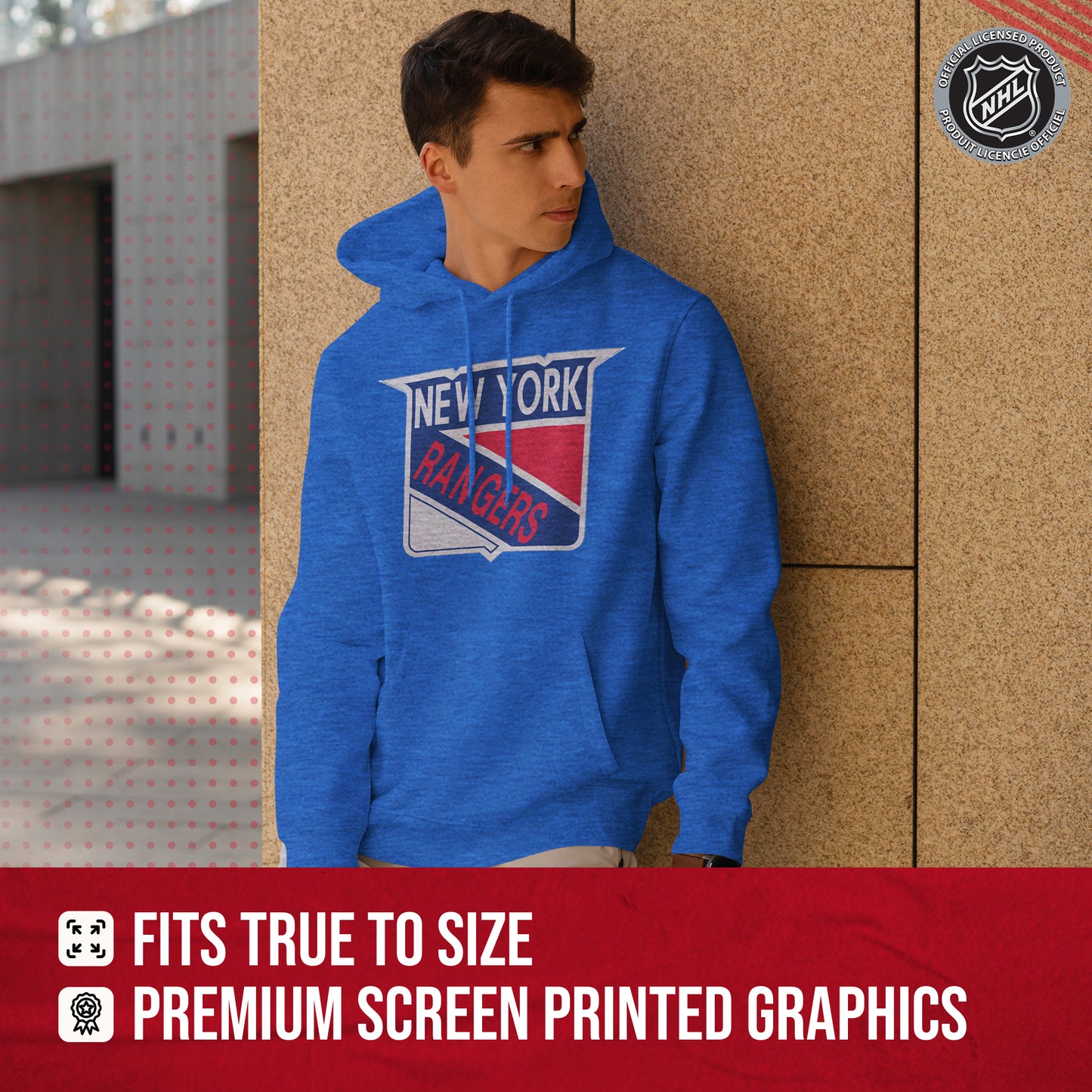 New York Rangers Adult NHL Retro Logo Hockey Fleece Hooded Sweatshirt - Royal Heather