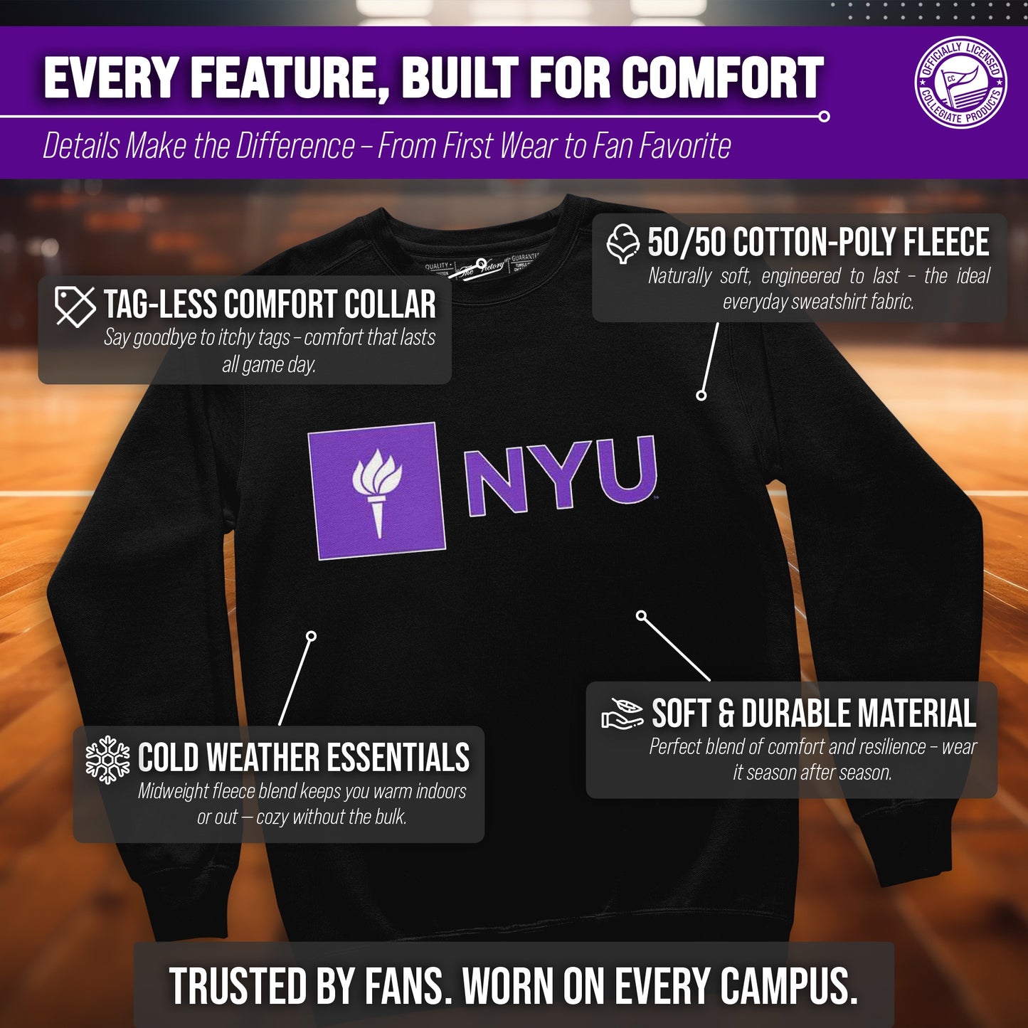 NYU Violets Campus Colors Adult Arch & Logo Soft Style Gameday Crewneck Sweatshirt  - Black