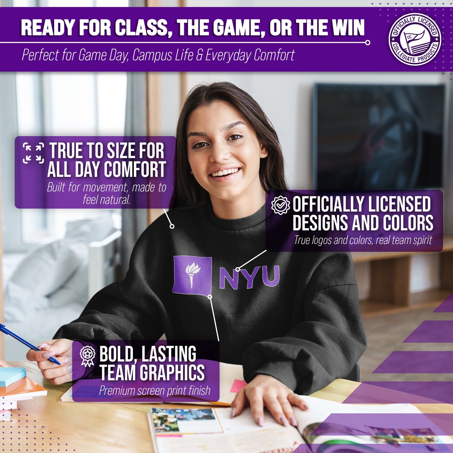 NYU Violets Campus Colors Adult Arch & Logo Soft Style Gameday Crewneck Sweatshirt  - Black