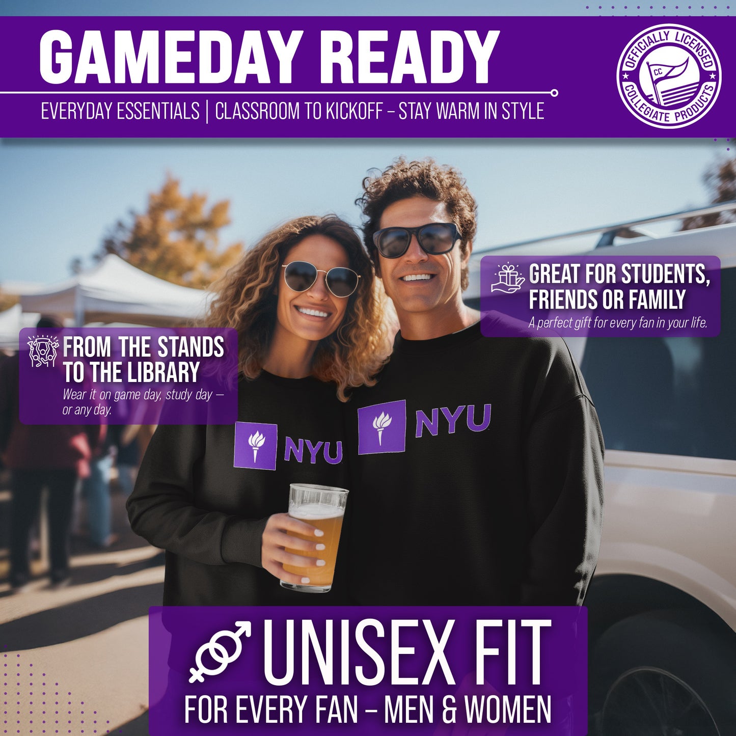 NYU Violets Campus Colors Adult Arch & Logo Soft Style Gameday Crewneck Sweatshirt  - Black