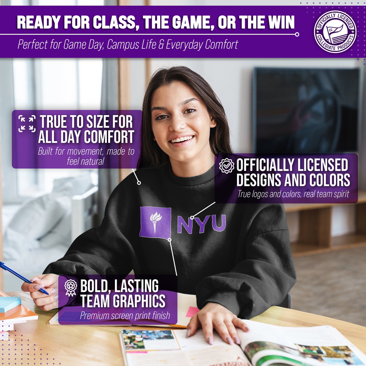 NYU Violets Campus Colors Adult Arch & Logo Soft Style Gameday Crewneck Sweatshirt  - Black
