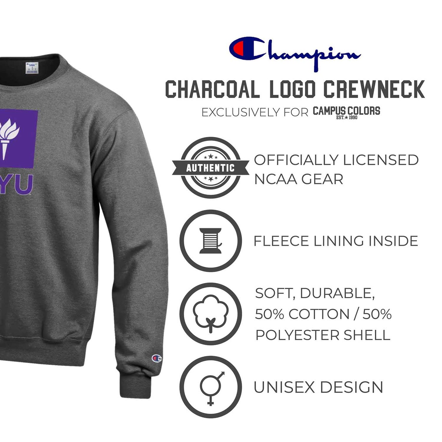 NYU Violets Adult Mascot Fleece Crewneck - Charcoal