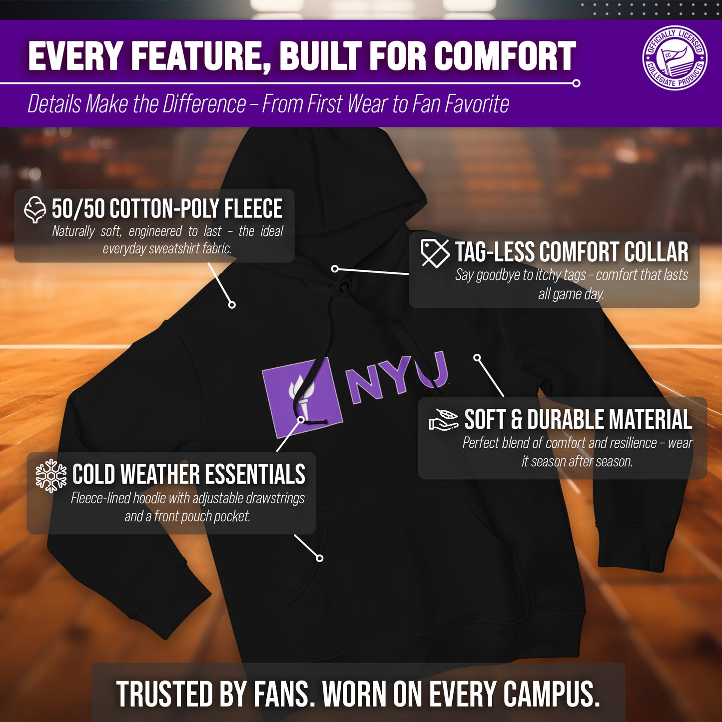 NYU Violets Adult Arch & Logo Soft Style Gameday Hooded Sweatshirt - Black