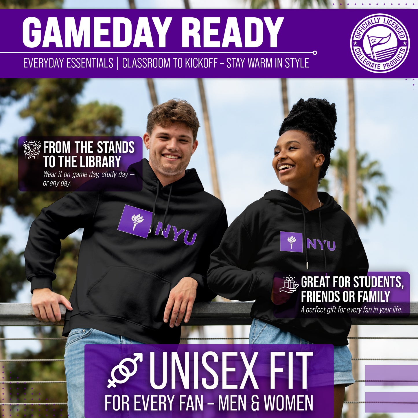 NYU Violets Adult Arch & Logo Soft Style Gameday Hooded Sweatshirt - Black