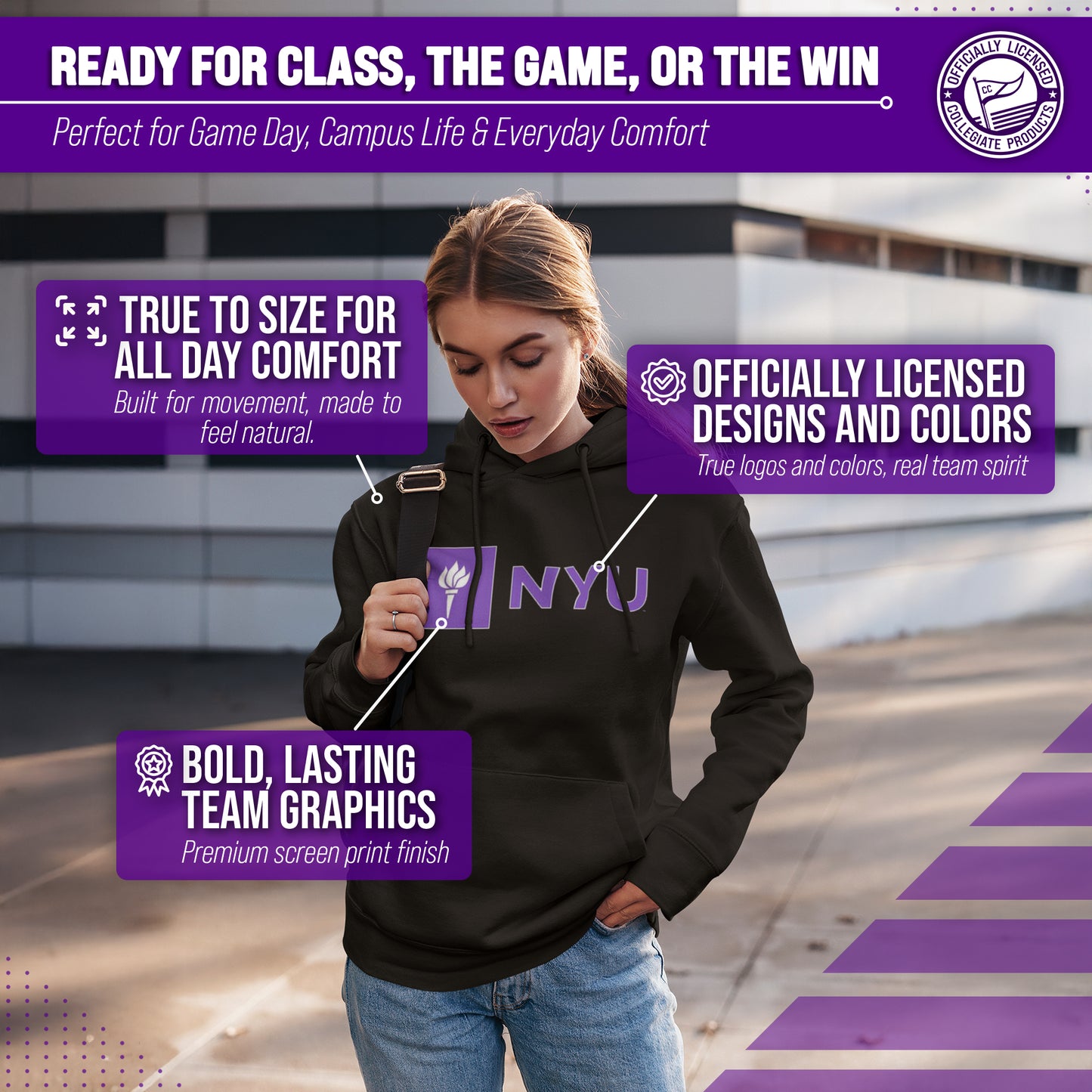 NYU Violets Adult Arch & Logo Soft Style Gameday Hooded Sweatshirt - Black