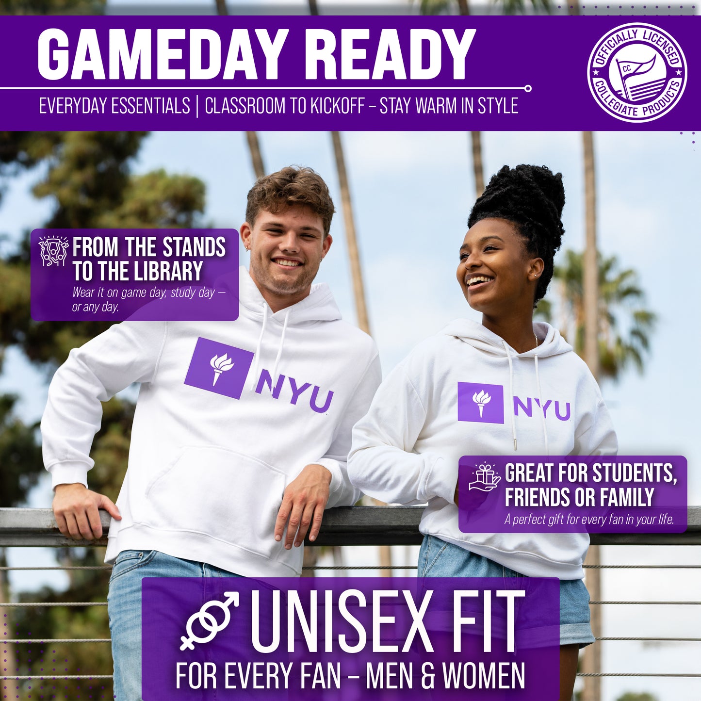 NYU Violets Adult Arch & Logo Soft Style Gameday Hooded Sweatshirt - White