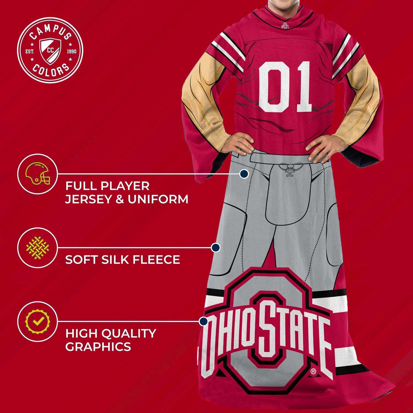 Ohio State Buckeyes NCAA Team Wearable Blanket with Sleeves - Red