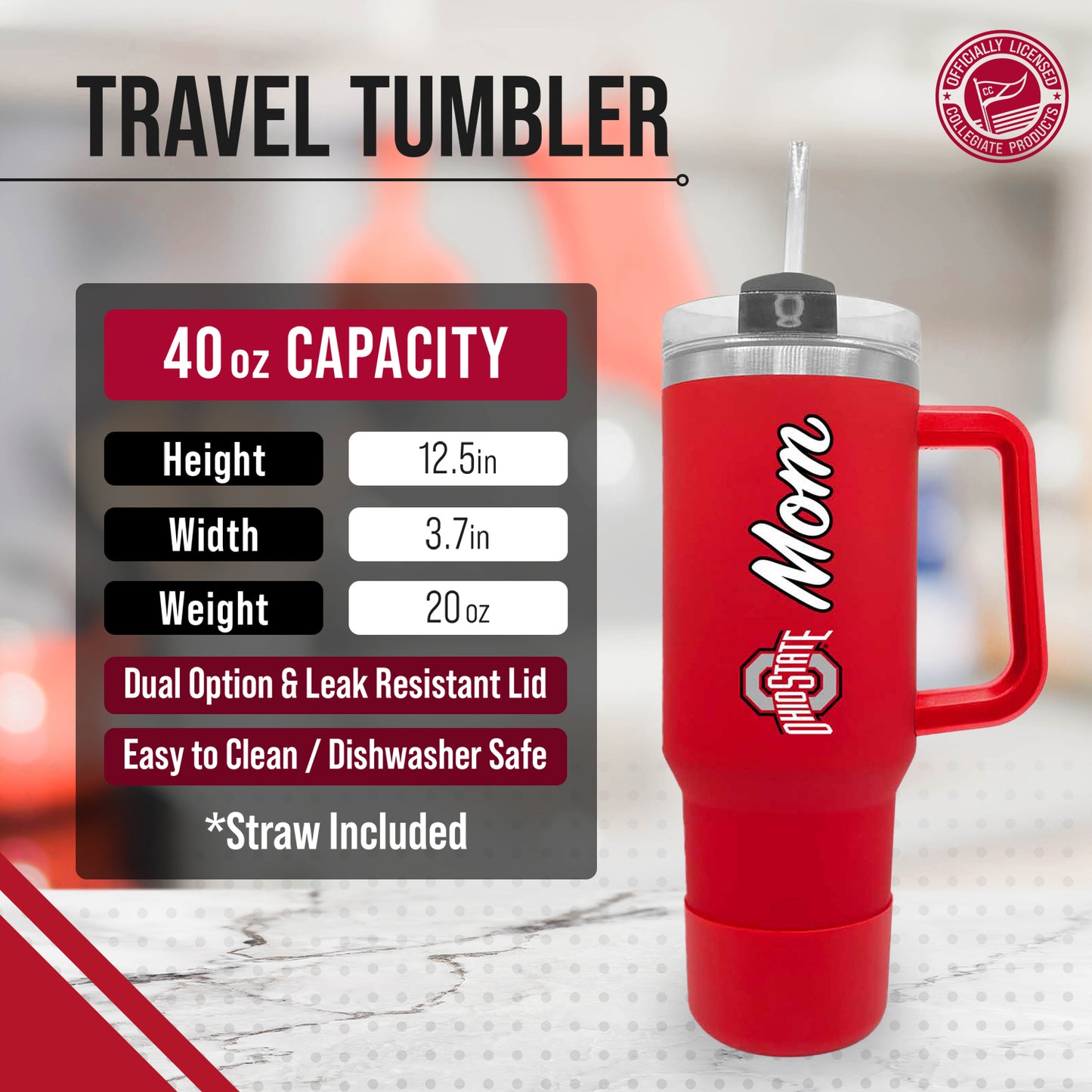 Ohio State Buckeyes Collegiate 40oz Stainless Steel Travel Tumbler with Handle for Mom - Red