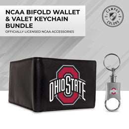 Ohio State Buckeyes University Team Logo Mens Bi Fold Wallet and Unisex Valet Keychain Bundle - Black