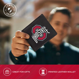 Ohio State Buckeyes University Team Logo Mens Bi Fold Wallet and Unisex Valet Keychain Bundle - Black